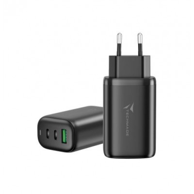 CARICATORE RAPIDO 65W GAN 3 PORTE (2USB-C USB-A) TECHMADE TM-P937-BK BLACK